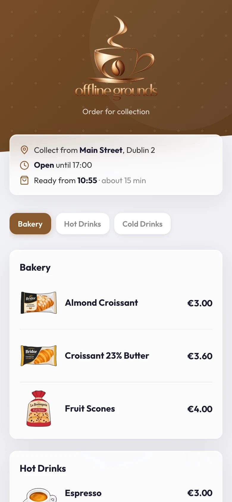 The Offline Grounds order page on an iPhone: Order for collection, collect from Main Street, open until 17:00, ready from 10:55, and the Bakery list with prices.