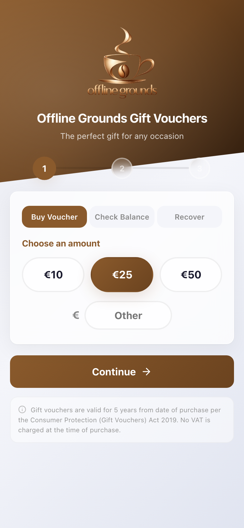 The Offline Grounds gift voucher page on an iPhone: choose an amount step, &euro;25 selected, and a Continue button.